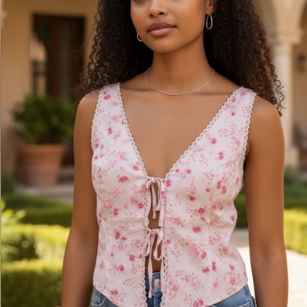 Pink Rose Pink Floral Lace-Trim Tie-Front Tank